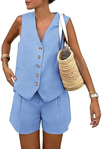 PRETTYGARDEN Women's Summer 2 Piece Outfits Sleeveless Matching Sets Button Down V Neck Vest Wais... | Amazon (US)