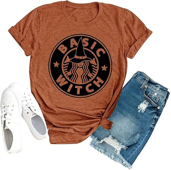 Anbech Women Basic Witch Shirt Halloween Letter Print Tees Casual Cute Short Sleeve Blouse Top | Amazon (US)
