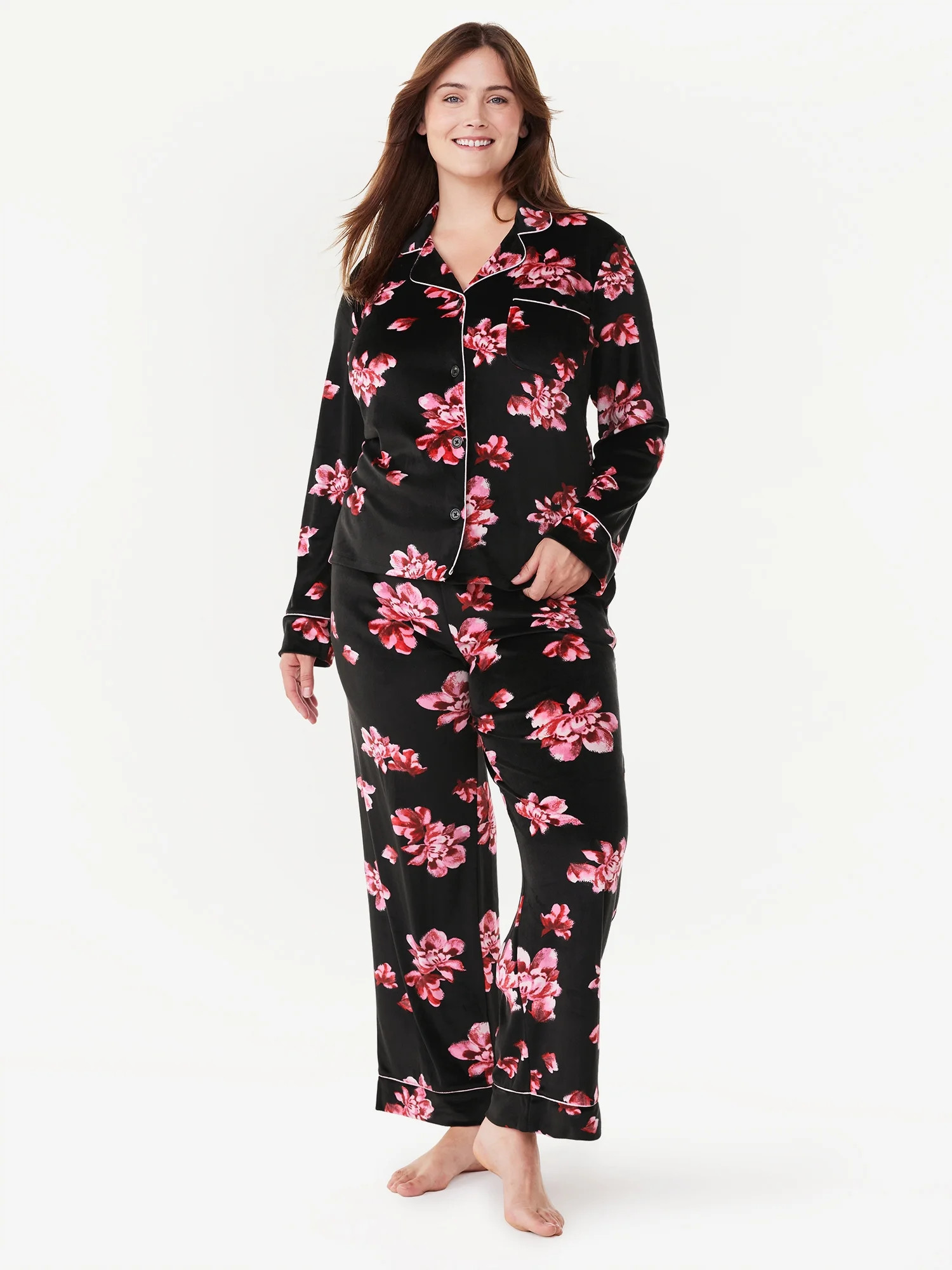 Joyspun Women’s Stretch Velour Notch Collar Top with Pants, 2-Piece Pajama Set, Sizes S to 3X -... | Walmart (US)