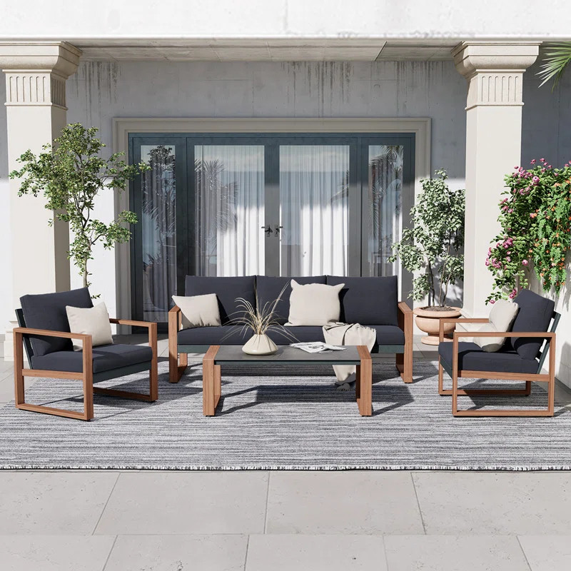 Arunas 5 Person Outdoor Conversation Furniture Set Seating Group with Wood Pattern and Cushions | Wayfair North America