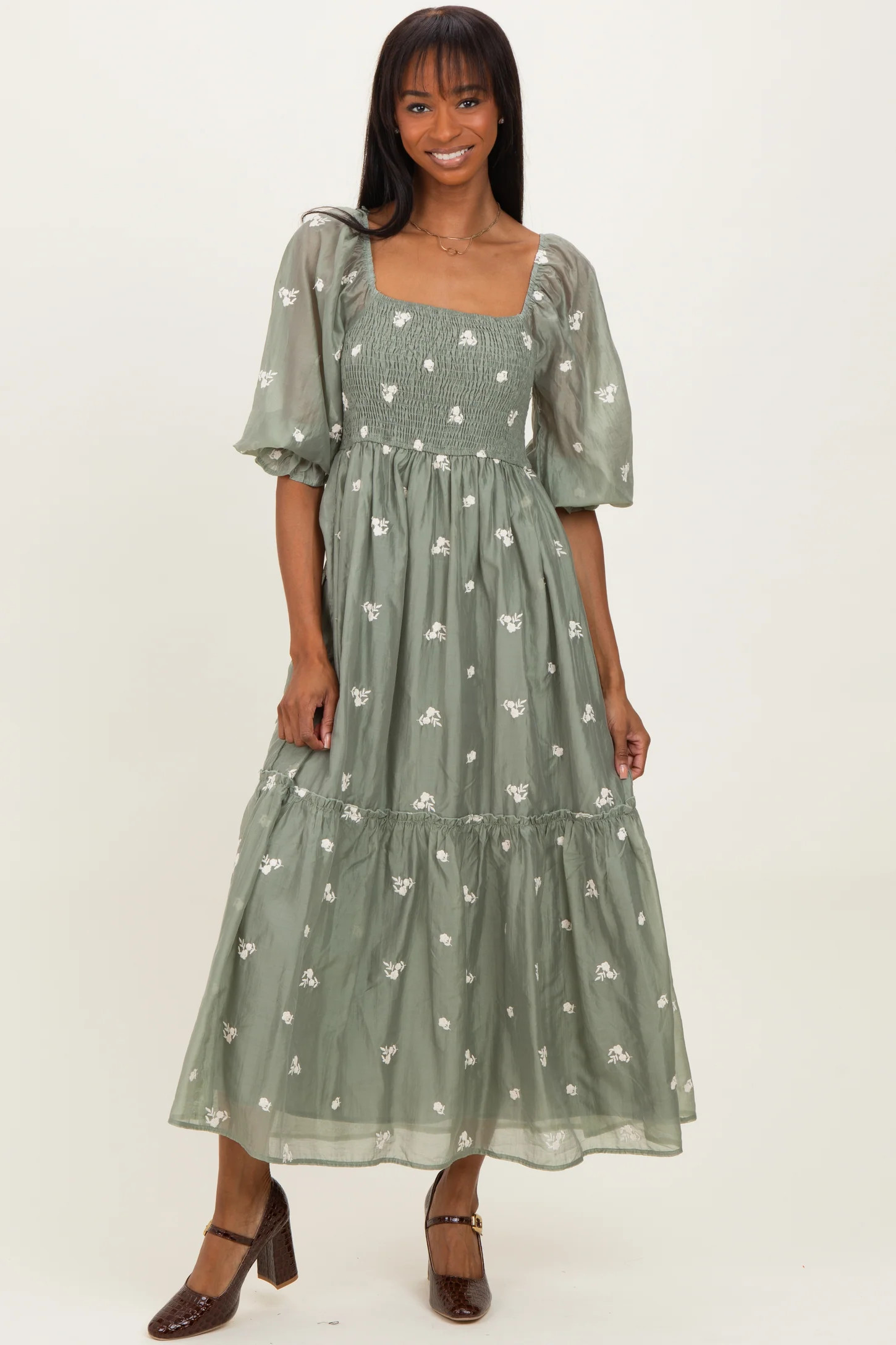 Light Olive Floral Embroidered Smocked 3/4 Sleeve Midi Dress | PinkBlush Maternity