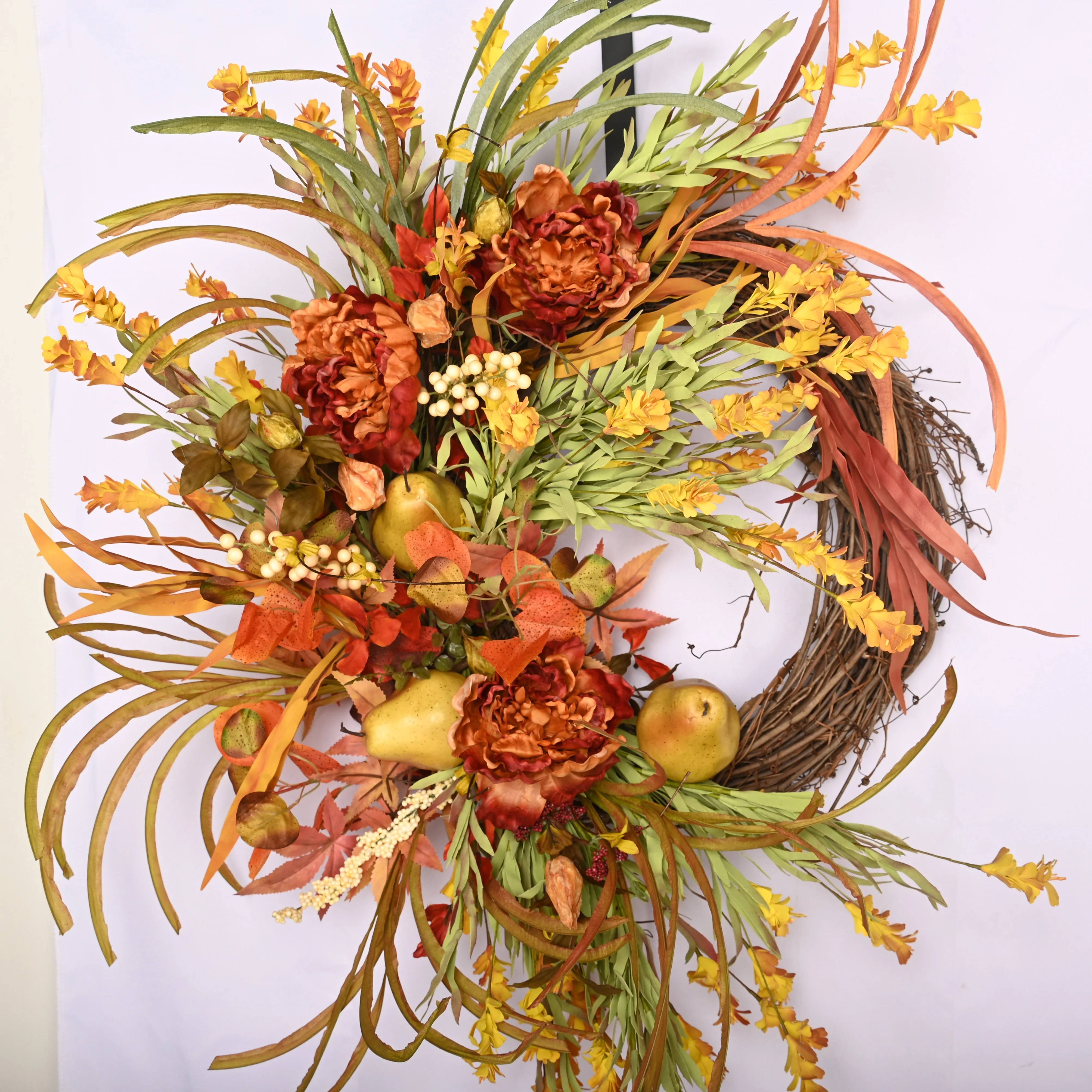 26" Artificial Fall Autumn Thanksgiving Pear Fruits Peony Front Door Wreath | Wayfair North America