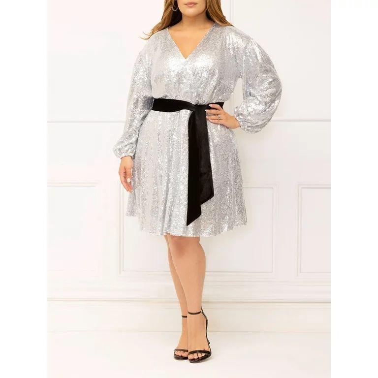 ELOQUII Elements Women's Plus Size Belted Sequin Wrap Dress - Walmart.com | Walmart (US)