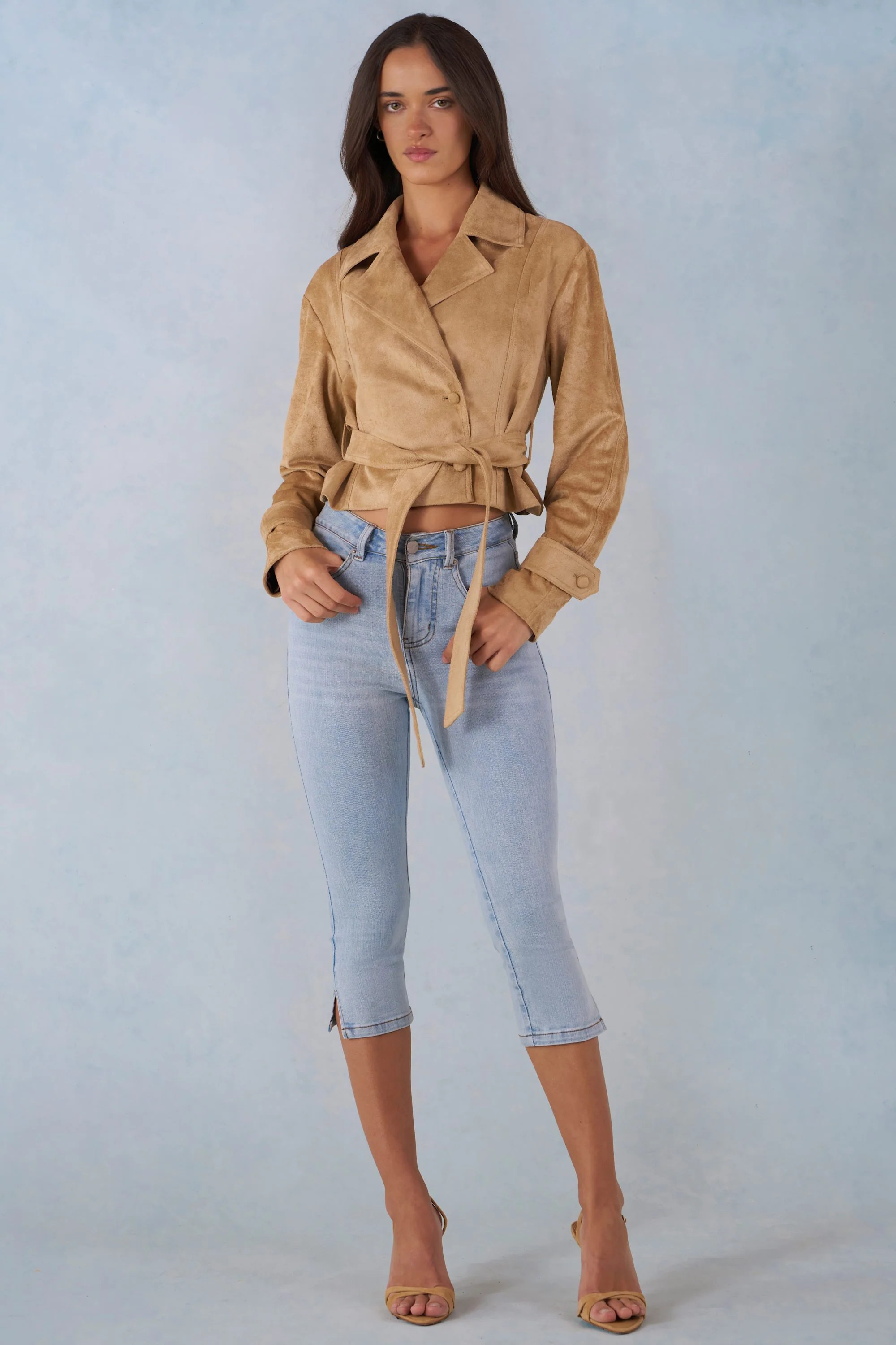 Faux Suede Cropped Belted Jacket in Tan | Oh Polly