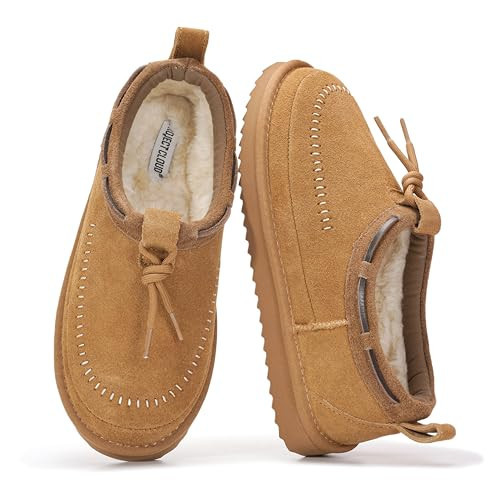 Project Cloud 100% Genuine Leather Slippers for Women – Plush Fleece Lining Moccassin Womens Slippers with Memory Foam Cushion – Indoor Outdoor Fuzzy Women Slip On Shoes (Timber, CHSTNUTSUEDE, 6) | Amazon (US)