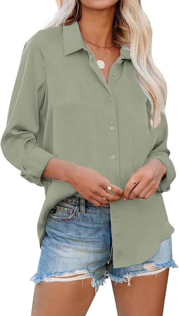 siliteelon Womens Button Down Shirts Solid Dress Shirts Long Sleeve Flowy Collared Work Office Bu... | Amazon (US)