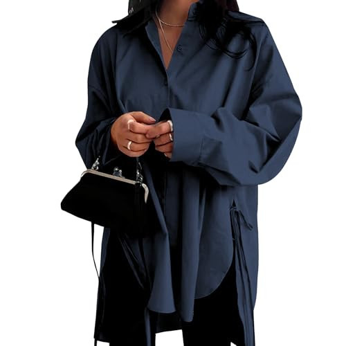 VNIRA Oversized Button Down Shirts for Women Casual Long Sleeve High Low Boyfriend Tops Drop Shoulder Blouse 100% Cotton Navy Blue | Amazon (US)