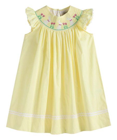 Yellow Bunny & Flowers Smocked Angel-Sleeve Dress - Infant & Girls | Zulily