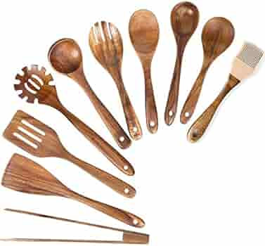 Wooden Spoons for Cooking,10 pcs Wood Utensil Set Wooden Kitchen Utensils for Nonstick Cookware N... | Amazon (US)