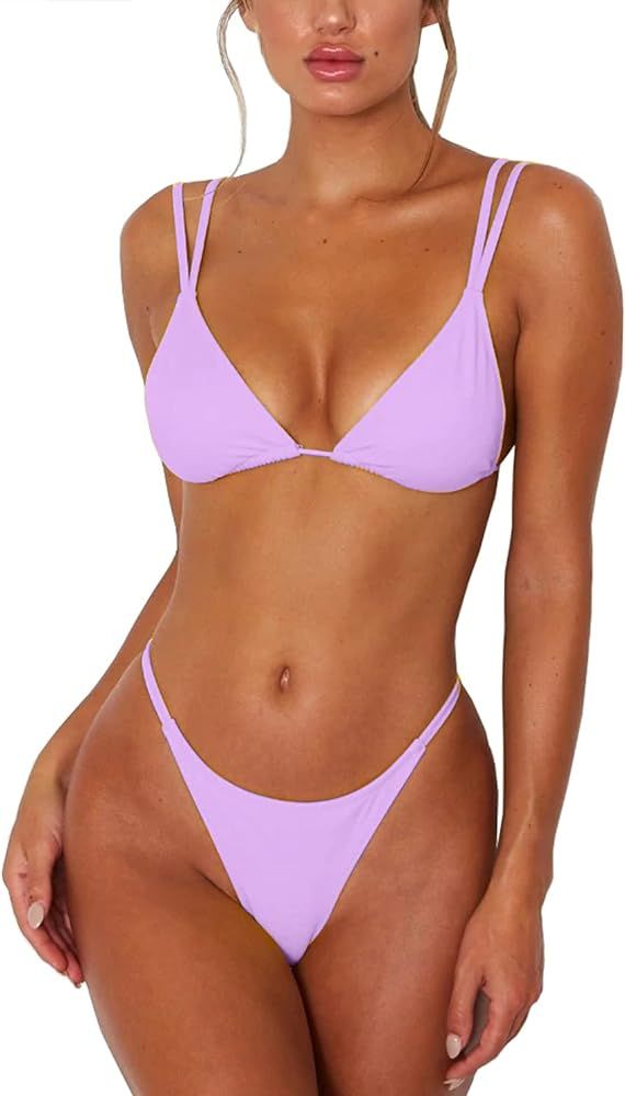 Women's Sexy Thong Bottom Two Piece Bikini Double Shoulder Straps Cute Swimsuit Triangle Bathing | Amazon (US)