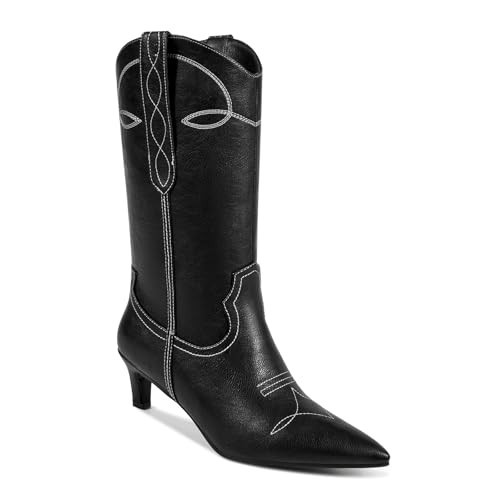 wetkiss Black Western Boots Women Cowboy Boots for Women Cowgirl Boots Mid Calf Boot Black Cowgirl Boots for Women Short Boots for Women Kitten Heel Boots Wide Calf Cowboy Boots Black Leather Boots | Amazon (US)