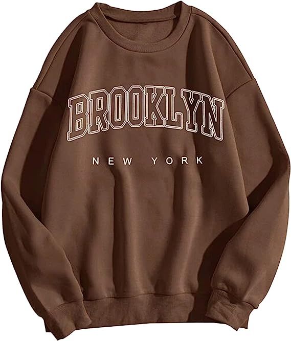 SAFRISIOR Women’s Brooklyn New York Letter Graphic Fleece Sweatshirt Oversized Round Neck Long ... | Amazon (US)