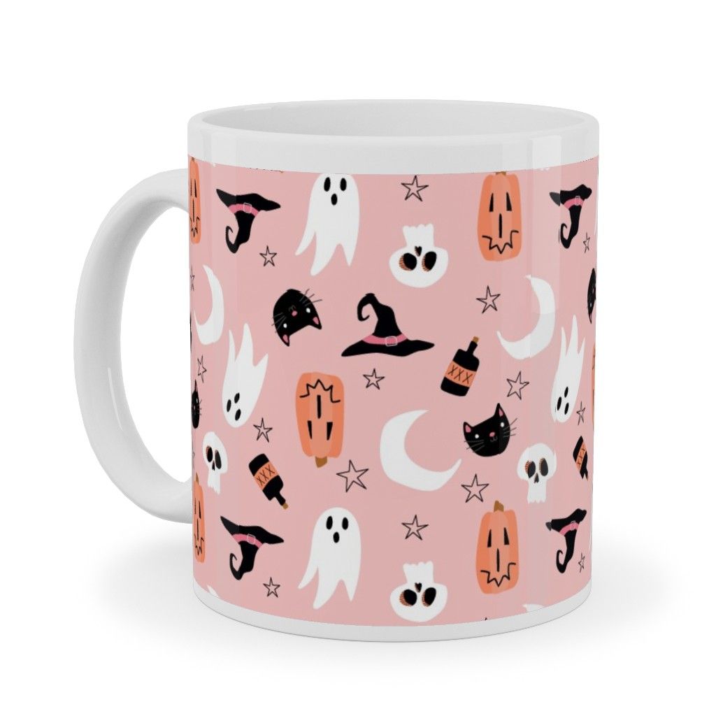 Mugs: Sweet Halloween Pumpkin, Witch, Ghost, Cat Ceramic Mug, White, 11oz, Pink | Shutterfly