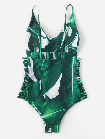 Green Leaf Print Ladder Cutout One-Piece Swimwear | SHEIN