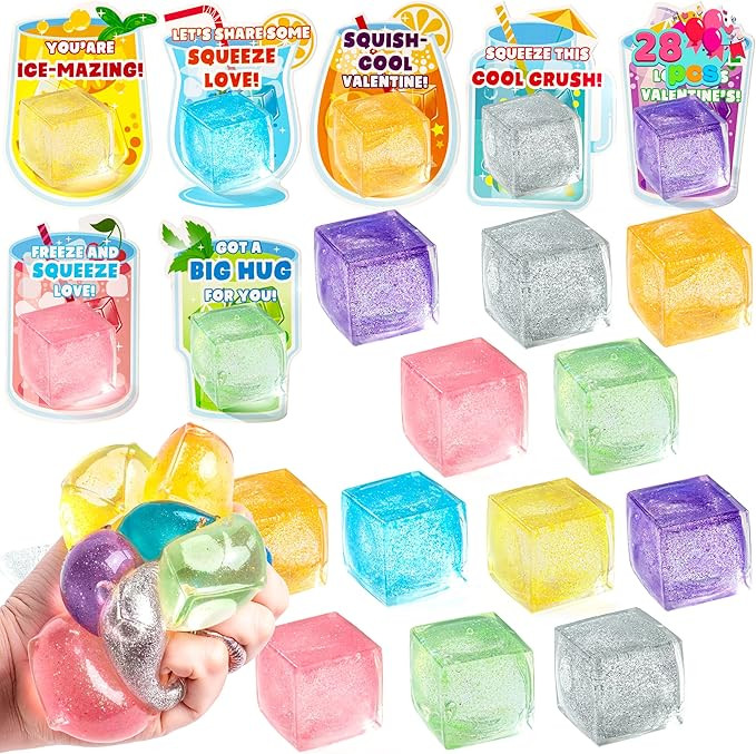JOYIN 28 Pcs Valentine’s Day 1.2" Ice Cube Shaped Malt Sugar Squeeze Balls with Drink Cards, St... | Amazon (US)