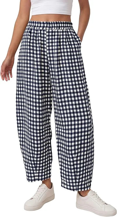 PRETTYGARDEN Plaid Barrel Pants Women Summer Casual Loose Wide Leg Lounge Gingham Trousers Spring... | Walmart (US)