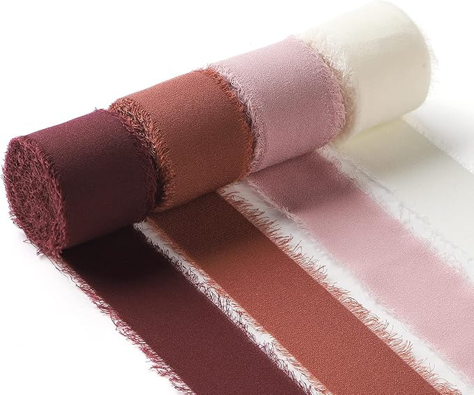 4 Rolls Handmade Fringe Chiffon Ribbon 1"W x 5Yd Per Roll,Red & Cream Silk-Like Ribbons Set (1" x... | Amazon (US)