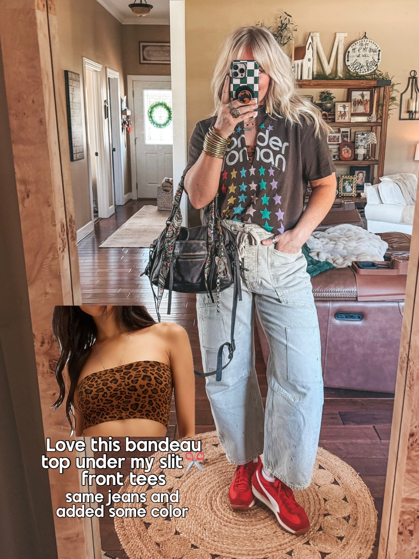 Cut the slit in my tee and added this fun bandeau top to peek out. Sized up in the bandeau to a L/XL. Sized down in jeans. Tee is older but linked similar. Sneaks are the cutest and sized down  

#LTKmomlife #LTKootd #LTKOver40