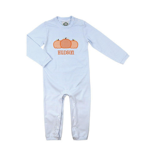 Blue Stripe Knit Applique Pumpkins Long Romper | Cecil and Lou