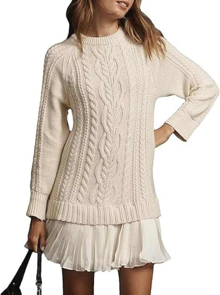 Women Cable Knit Sweater Dress Crewneck Long Sleeve Pleated Mini Dress Twofer Style Patchwork Dre... | Amazon (US)