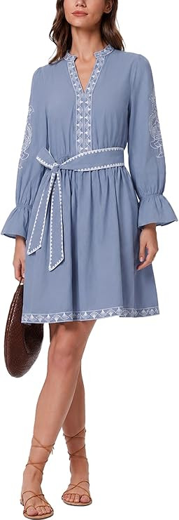 D-Sun Women Embroidered Mini Dress Casual 3/4 Puff Sleeves V Neck Floral Embroidery Short Belted ... | Amazon (US)