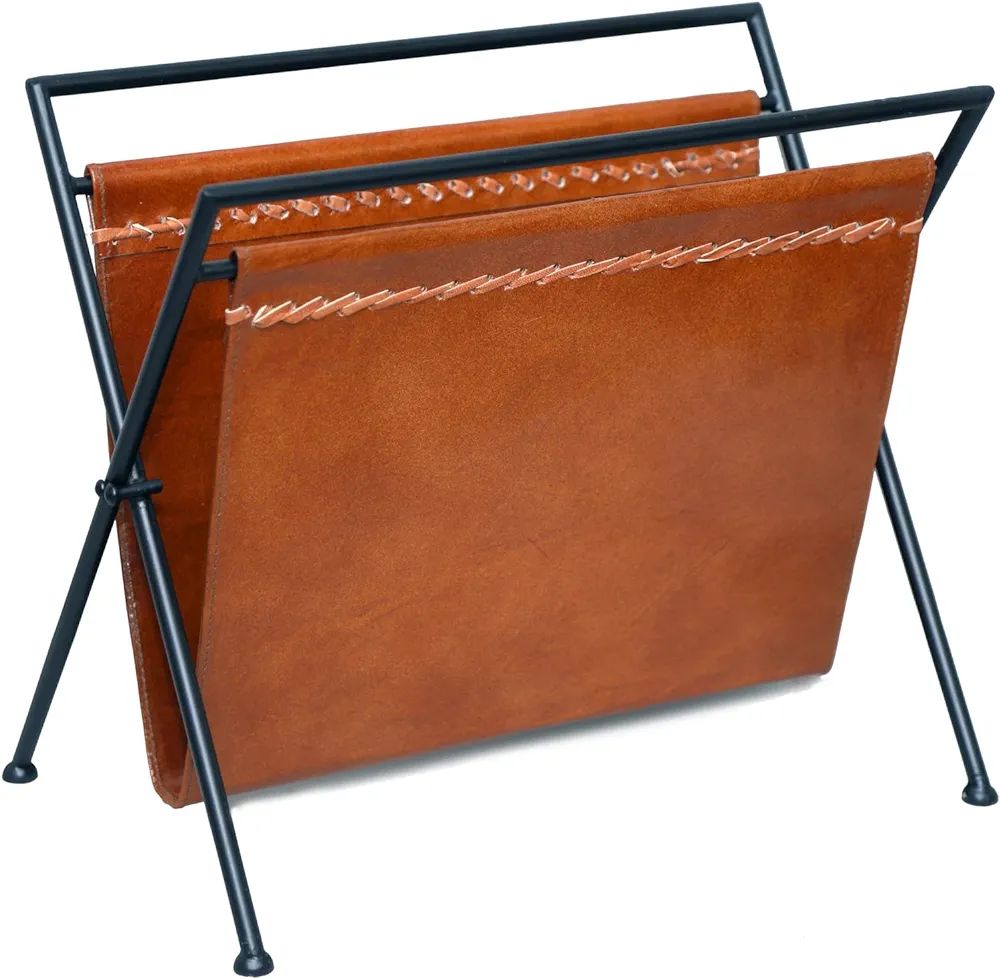 folding leather magazine rack brown leather magazine and paper holder news paper holder with meta... | Amazon (US)