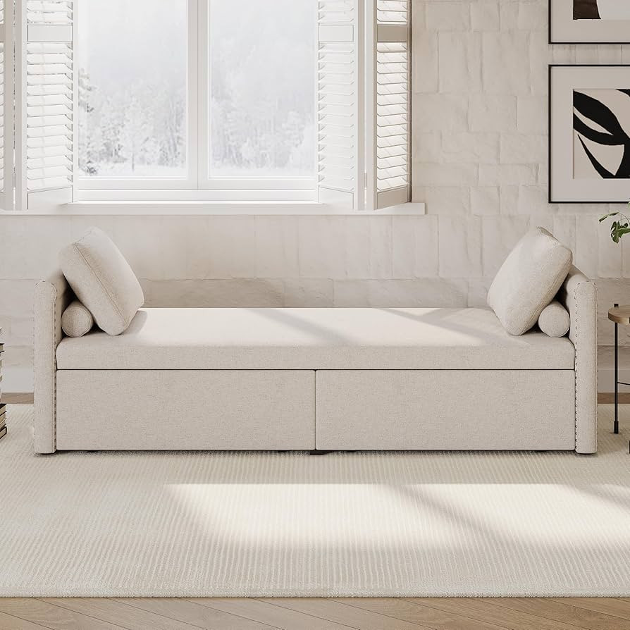 LUSPAZ Linen Upholstered Chaise Lounger Daybed with Pillows and 2 Drawer, Contemporary Aesthetic ... | Amazon (US)