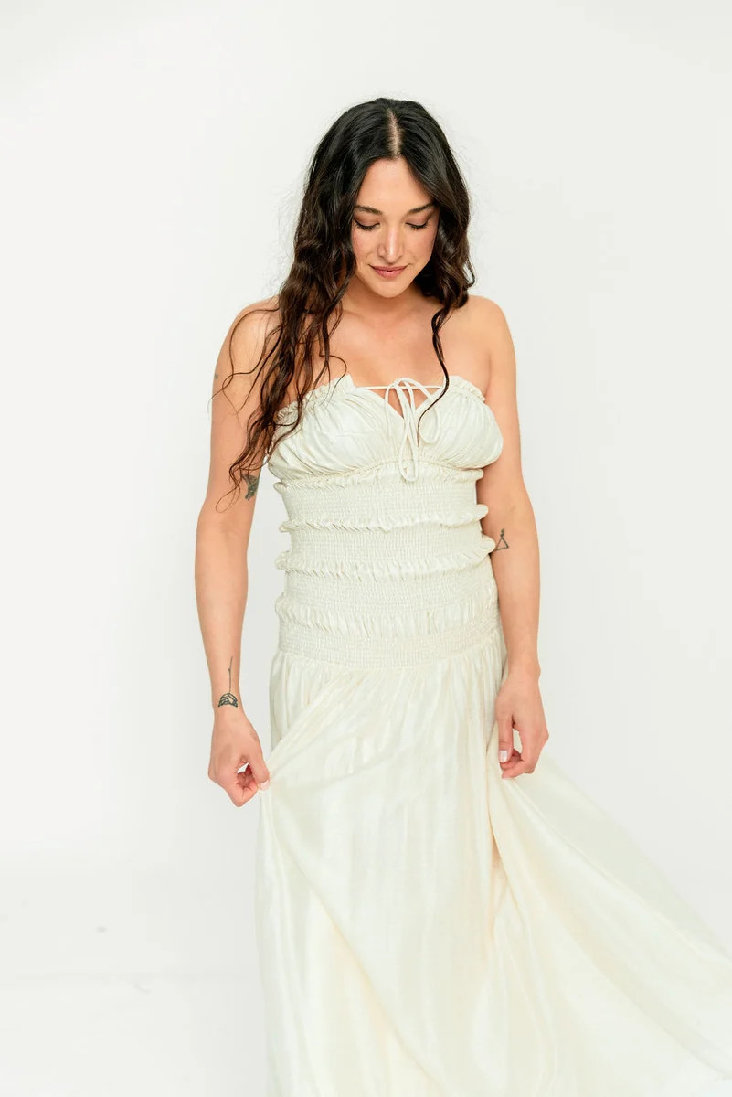 Myra Strapless Smocked Bodice Tube Maxi Dress in Cream | Worth Collective