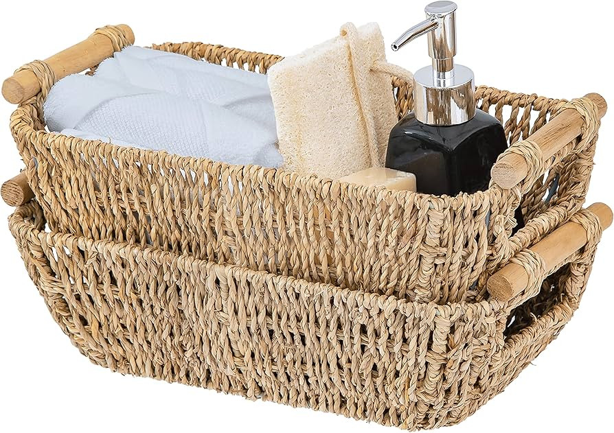 Artera Shallow Wicker Storage Basket - Medium Woven Seagrass Baskets with Wooden Handles for Bath... | Amazon (US)