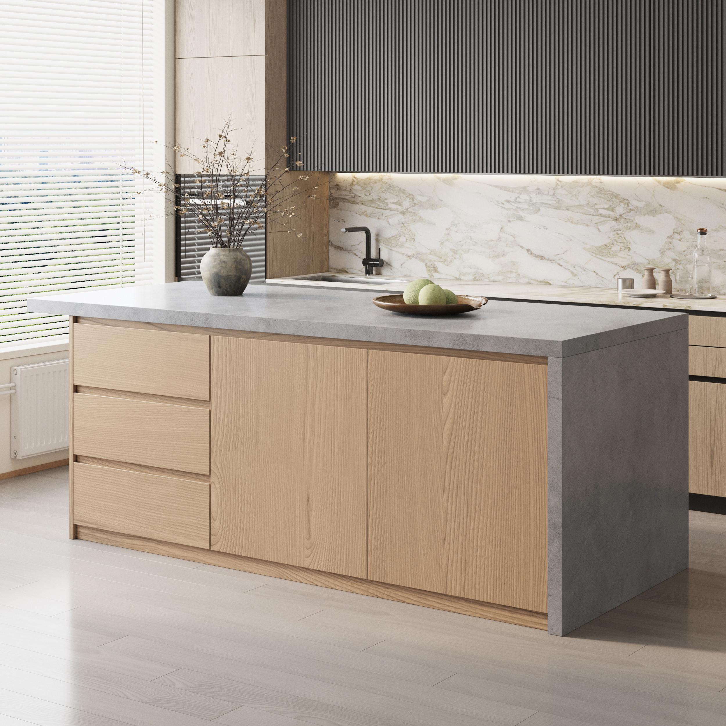 72"" Kitchen Island Faux Marble Top with Storage Japandi Style | Homary