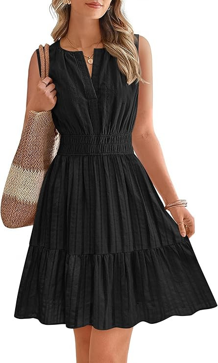 BTFBM Women’s Summer Dresses 2026 Sleeveless V Neck Casual Mini Dress Swing Boho A Line Beach V... | Amazon (US)