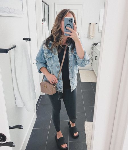 Simple airport outfits with leggings and a t shirt with a distressed jean jacket 

#LTKstyletip #LTKunder100