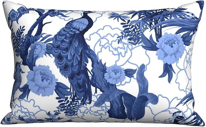 Wozukia Birds and Peonies in Blue Color Throw Pillow Cover Abstract Pattern in Chinoiserie Style ... | Amazon (US)