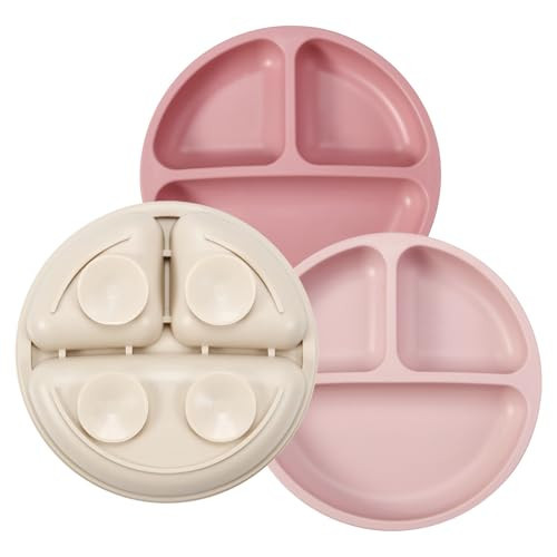 PandaEar 3 Pack Toddler Plates, Silicone Divided Suction Plate for Babies, BPA-Free 100% Food-Grade Silicone Unbreakable Baby Plate (Pink/Linen/Light Pink) | Amazon (US)