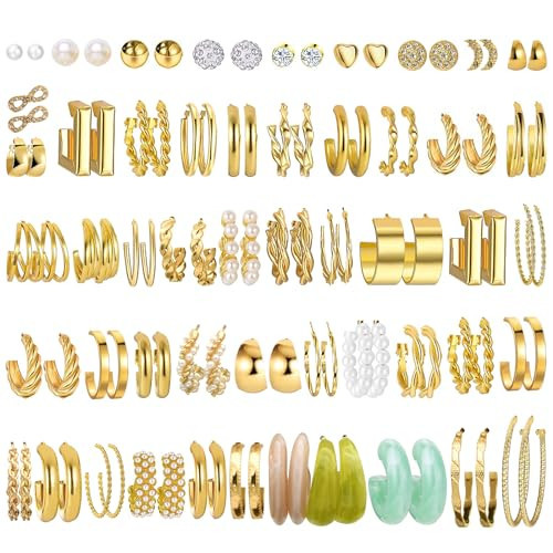 51 Pairs Gold Hoop Earrings Set for Women, Multipack Hypoallergenic Chunky Chain Twisted Hoop Earrings Pack,Small Big Hoops Earring Jewelry Gift | Amazon (US)