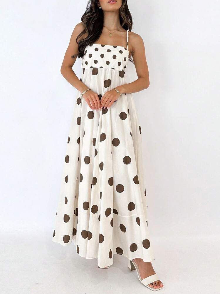 2025 Women Long Cami Dress Stripe/Dot Print Spaghetti Strap Backless A-Line Flowy Dress | SHEIN