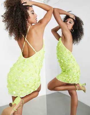 ASOS EDITION backless mini dress in 3d embellished floral in neon yellow | ASOS (Global)