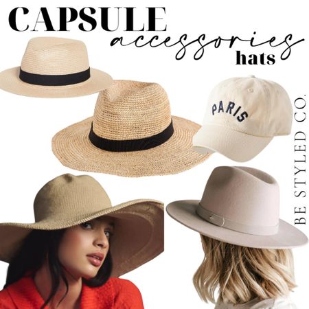 The only hats you need for a capsule hat collection. Wardrobe capsule accessories and straw hats, fedoras and baseball caps for every outfit need. A Paris baseball hat for casual days and a classic straw and fedora  Plus a floppy hat of course! #hats #capsulewardrobe #hatcollection #besthatsforwomen #hatcapsule 

#LTKtravel #LTKFind #LTKunder100