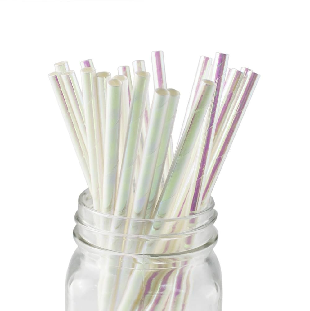 Foil Iridescent Pink Pearl Cocktail Paper Straws, Disposable 7.75 Inches, Pack of 100 | Amazon (US)