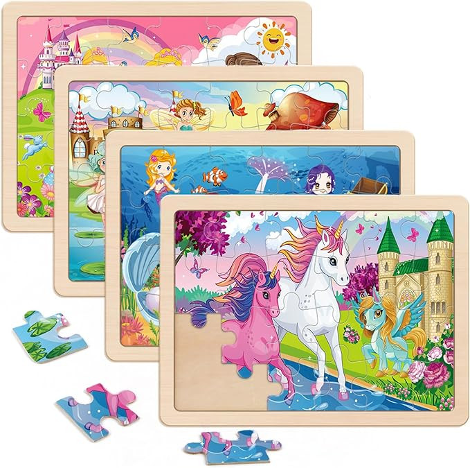 Wooden Puzzles for Kids Ages 4-6, 4 Packs 24 PCs Unicorn Mermaid Princess Fairy Jigsaw Puzzles, P... | Amazon (US)