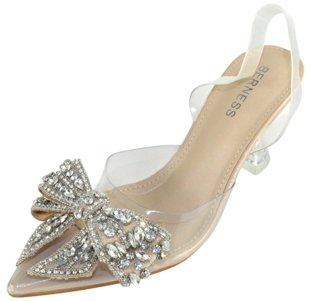 Berness Women’s Clear Heels – Transparent PVC Strap Rhinestone Bow Pointed Toe Pumps, Kitten ... | Walmart (US)