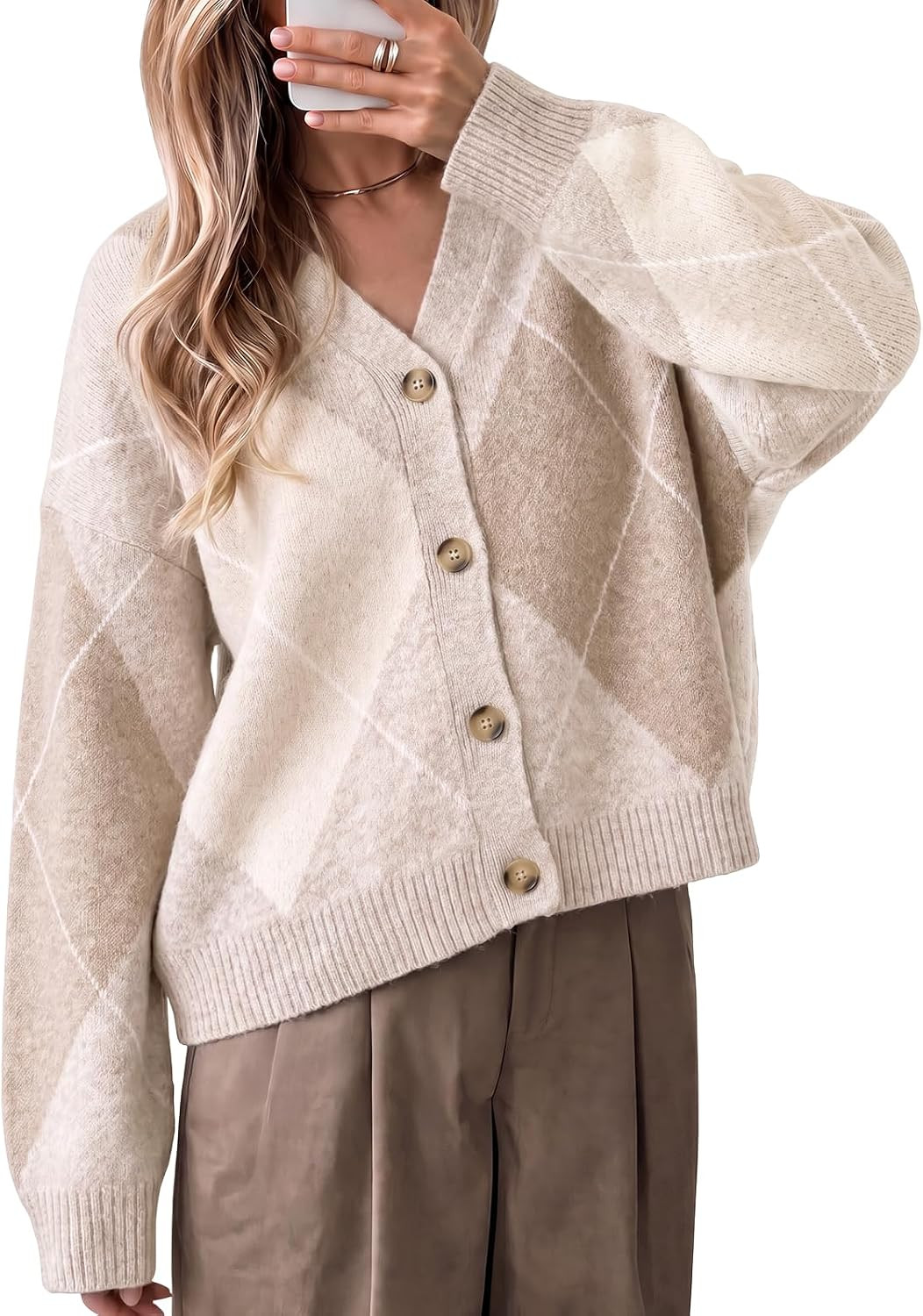Cicy Bell Women Plaid Color Block Cardigan V Neck Long Sleeve Knit Sweater | Amazon (US)