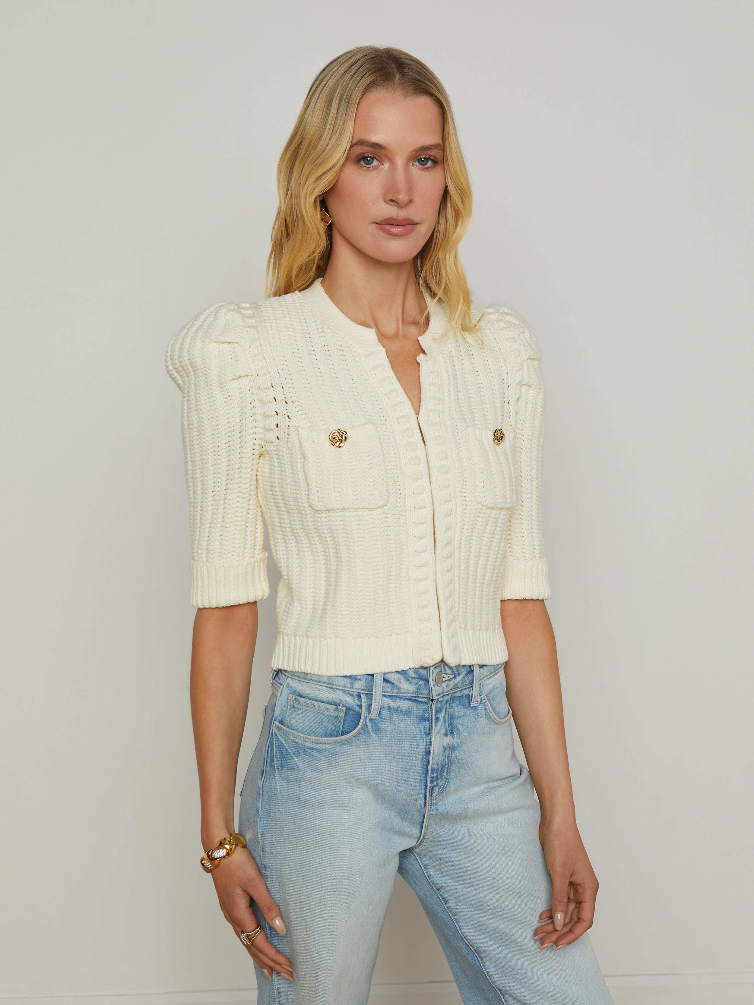 L'AGENCE - Delilah Cropped Cardigan in Vintage White/Gold Knot | L'Agence