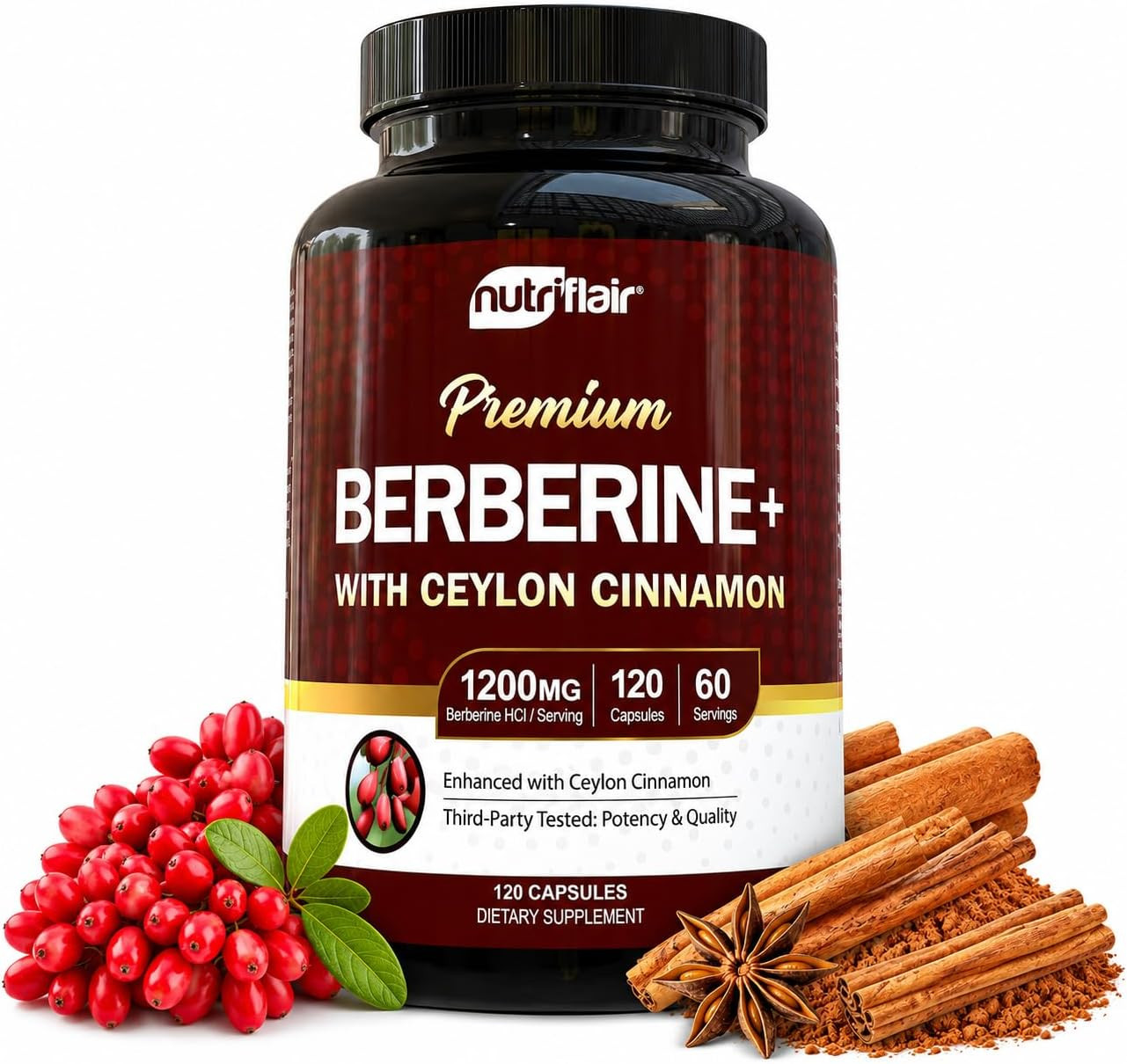NutriFlair Berberine HCl 1200mg, 120 Capsules - Plus Ceylon Cinnamon, Berberine HCI Root Supplements Pills - Made in USA | Amazon (US)