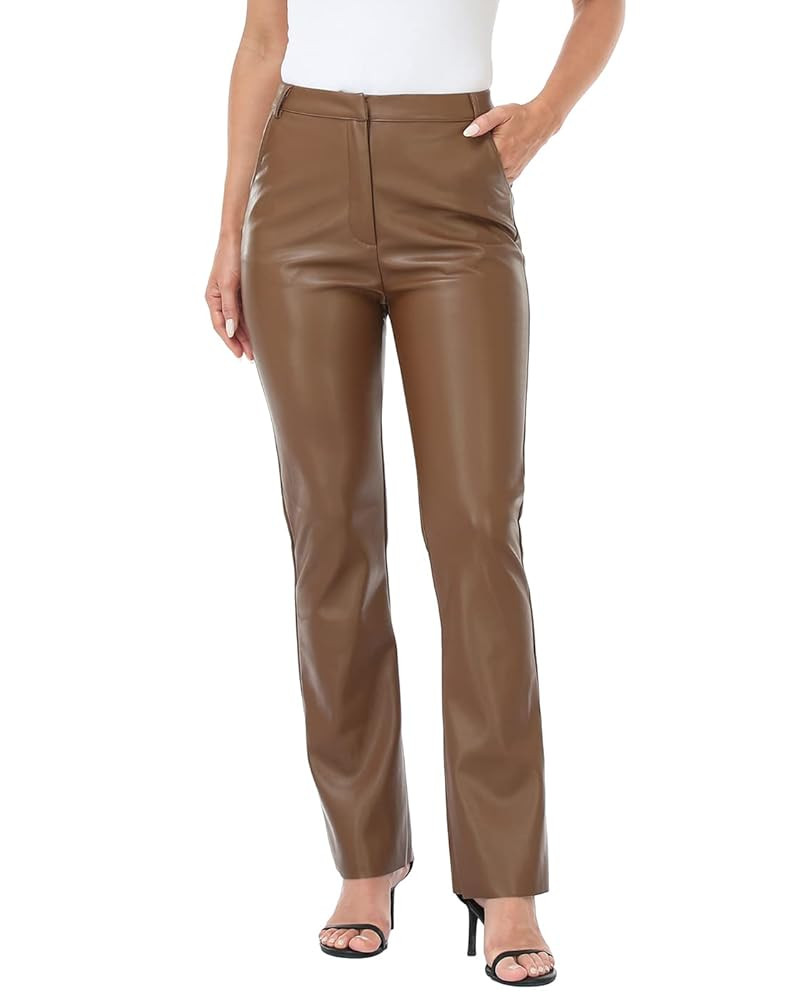 HDE Women's Faux Leather Pants High Waisted Straight Leg Trousers with Pockets | Amazon (US)