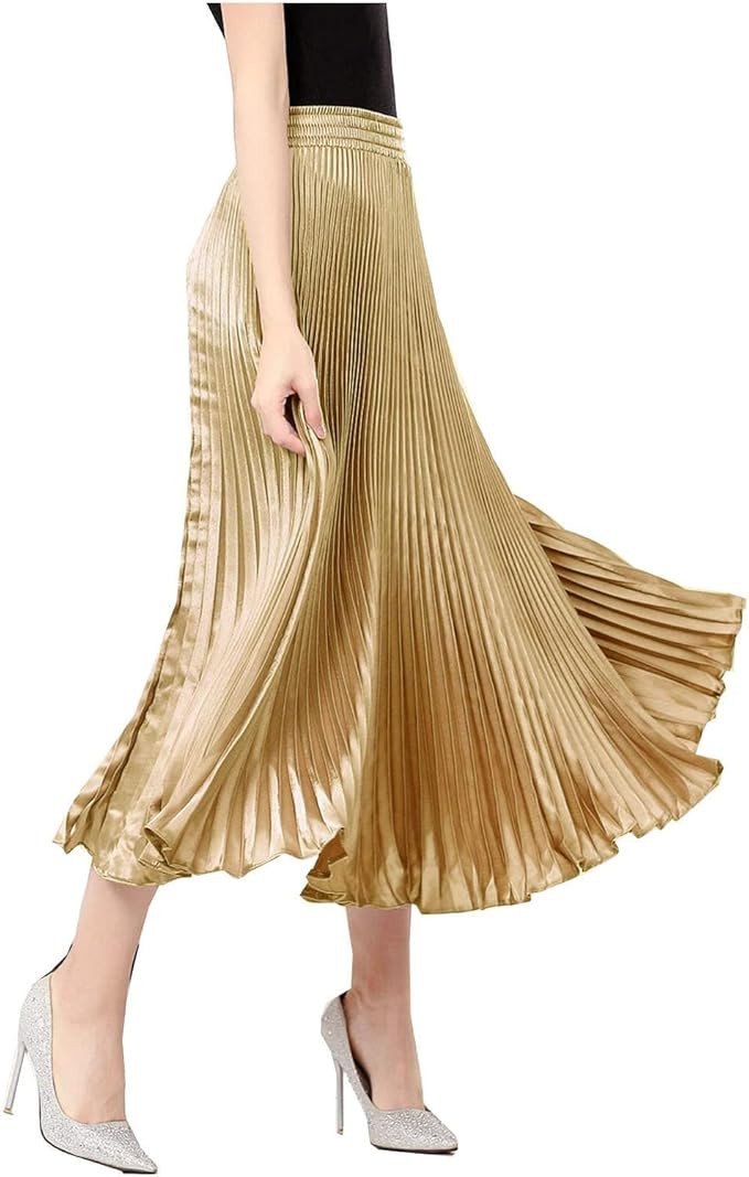 TONCHENGSD Women's Satin Metallic Pleated Accordion Long Maxi Skirt | Amazon (US)