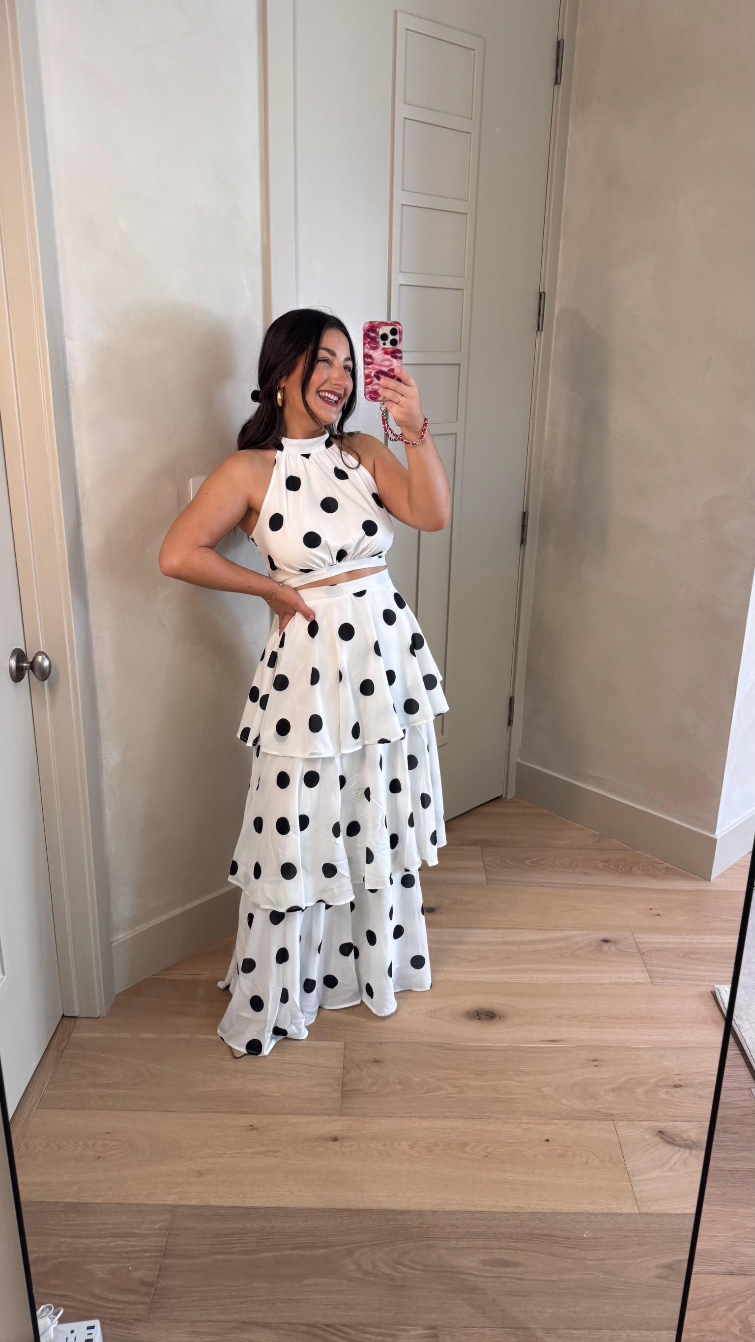 Elegant polka dot two piece set! 

Halter neck top with tiered maxi skirt! 

I'm in a size small 
(5'0" 140lbs)
Petite friendly

#LTKootd #LTKSeasonal #LTKPetite