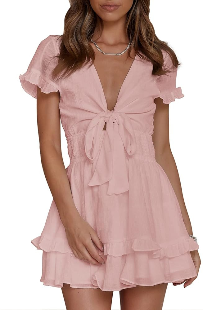 Happy Sailed Women Summer Short Sleeve Front Knot V Neck Elastic Wasit Ruffle Swing Mini Dresses | Amazon (US)