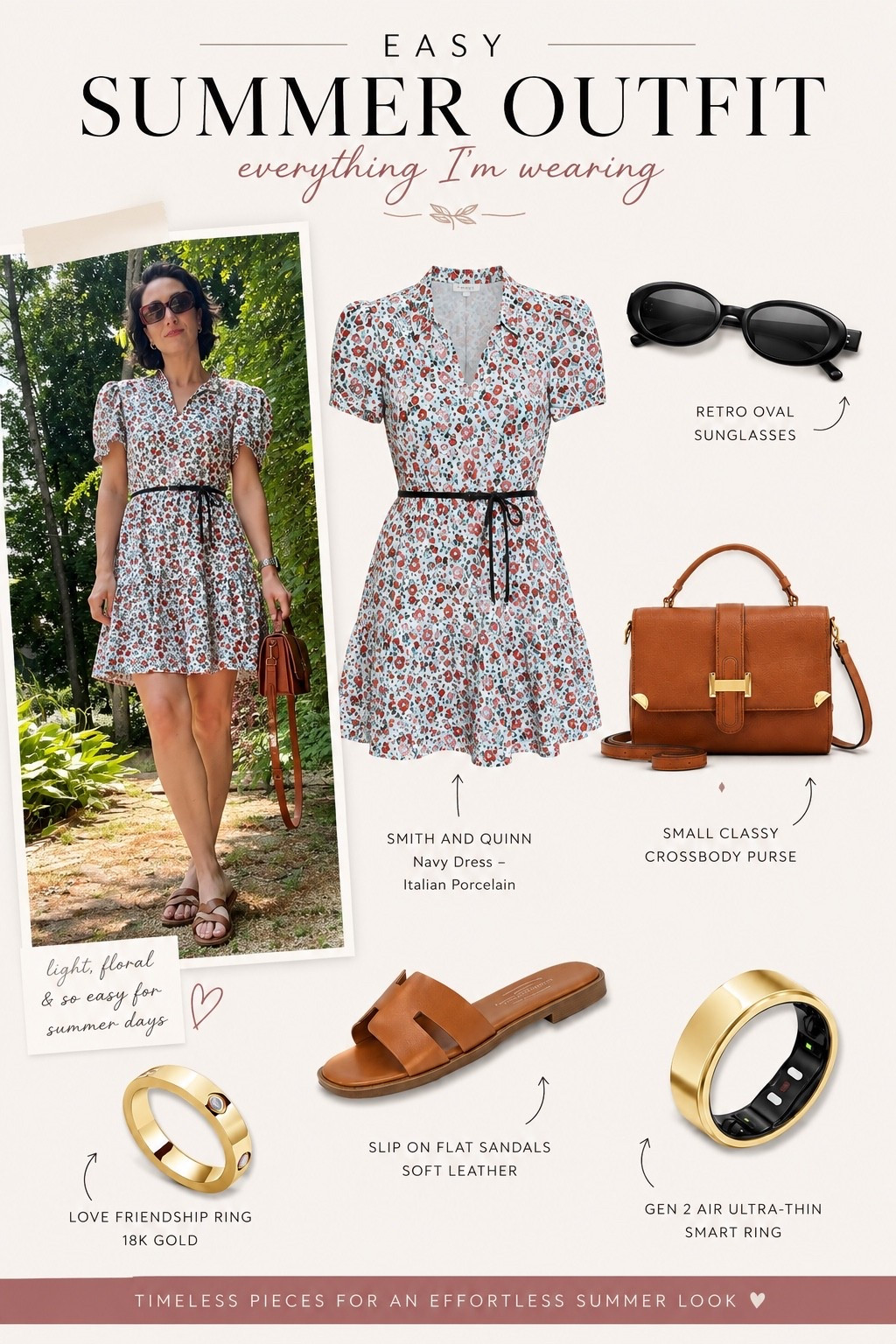 An outfit doesn’t have to be expensive to look elevated. 🤍

This floral dress is the perfect example of why I always pay attention to silhouette over price. Flutter sleeves, a defined waist, timeless florals, and classic accessories instantly create a polished look you’ll reach for again and again.

I rounded up everything I’m wearing—from the dress to the sandals, bag, sunglasses, and jewelry—plus why each piece works together to create an effortless summer outfit.

Everything is linked below if you’d like to recreate the look!

easy summer outfit, summer outfit, floral dress, floral mini dress, floral print dress, puff sleeve dress, flutter sleeve dress, feminine style, classic style, French inspired style, New England style, romantic style, cottagecore style, outfit formula, everyday outfit, casual chic, timeless fashion, elevated basics, affordable fashion, capsule wardrobe, summer wardrobe, brown sandals, leather slide sandals, crossbody bag, structured handbag, oval sunglasses, everyday jewelry, smart ring, RingConn, gold ring, brunch outfit, vacation outfit, garden party outfit, date night outfit, effortless style, women’s fashion, shop the look, outfit inspiration

#LTKdayinmylife #LTKgrwm #LTKootd