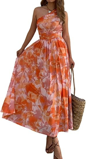 Women Summer One Shoulder Maxi Dress Sleeveless Ruched Mesh Long Beach Vacation Floral Sundresses... | Amazon (US)